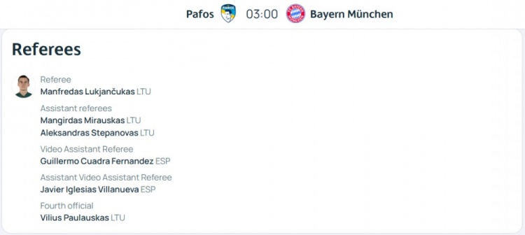 拜仁客战帕福斯裁判组名单:立陶宛主裁执法,西班牙人VAR裁判组