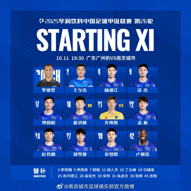 中甲第26轮,广东广州豹VS南京城市 首发名单出炉 让我们并肩战斗